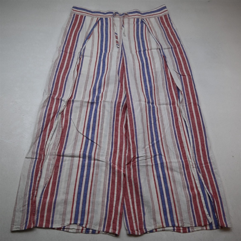NEW Express XL White Red Blue Stripe Linen Pull On Wide Leg Drawstring Pants